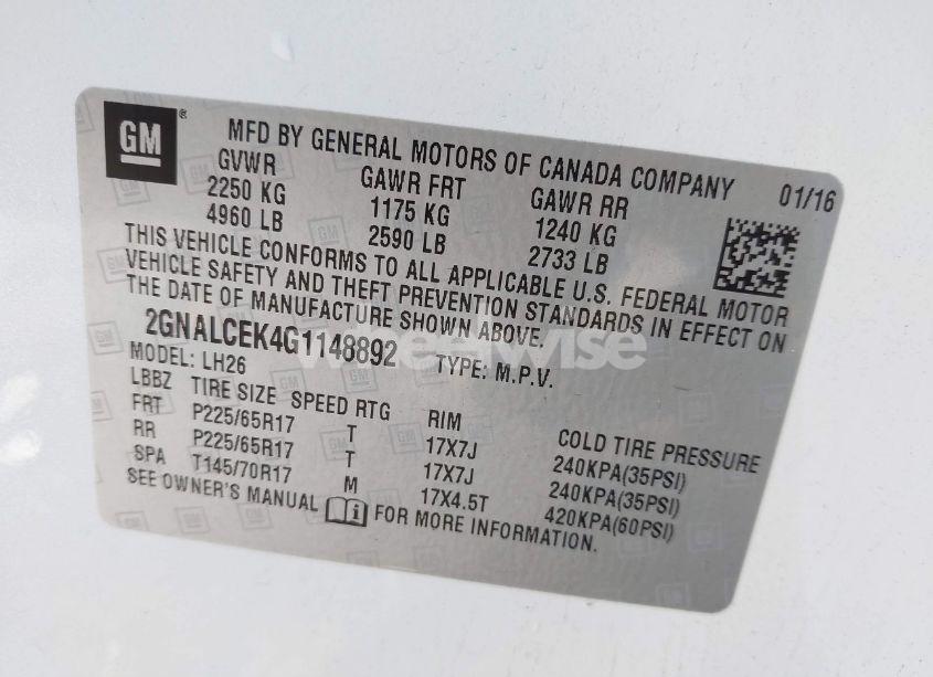 Photo 9 of 2016 Chevrolet Equinox LT (VIN 2GNALCEK4G1148892)