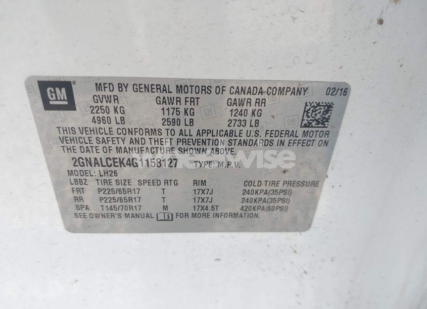 Photo 9 of 2016 Chevrolet Equinox LT (VIN 2GNALCEK4G1158127)