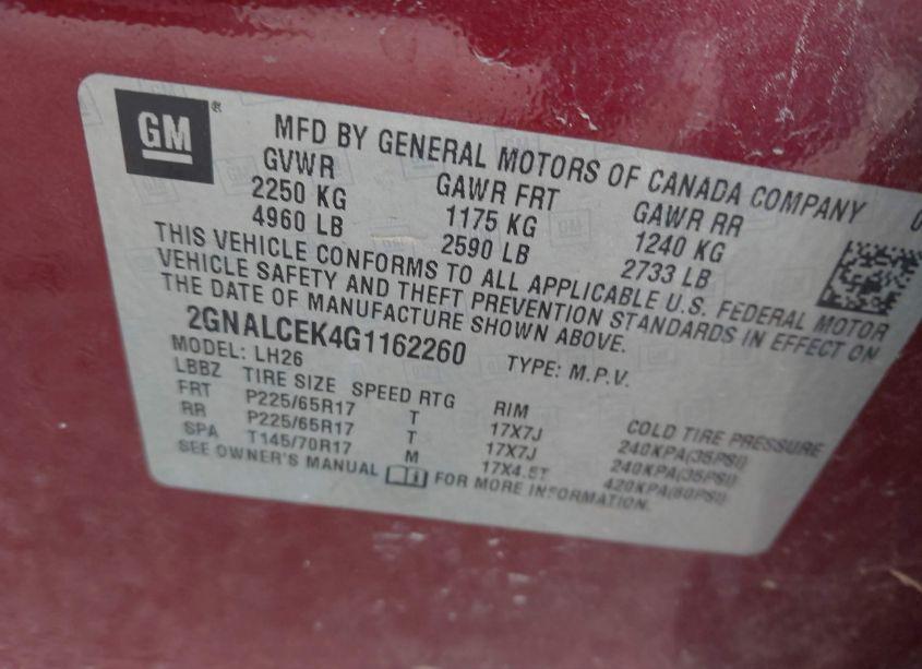 Photo 9 of 2016 Chevrolet Equinox LT (VIN 2GNALCEK4G1162260)