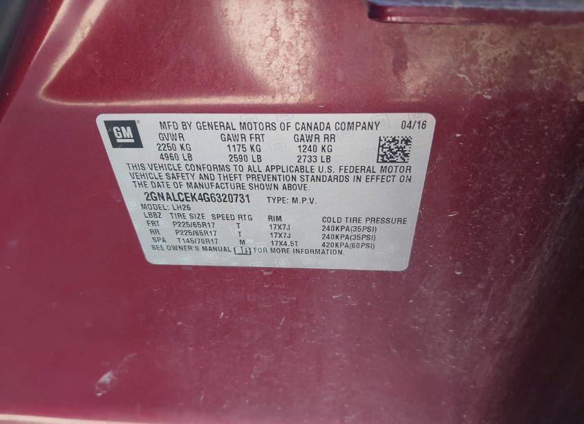 Photo 9 of 2016 Chevrolet Equinox LT (VIN 2GNALCEK4G6320731)