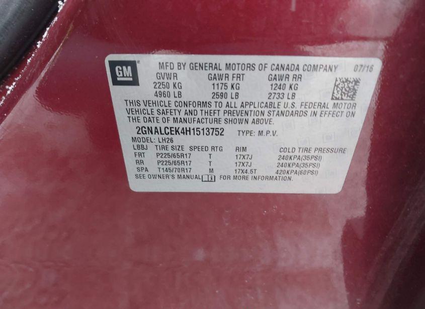 Photo 9 of 2017 Chevrolet Equinox LT (VIN 2GNALCEK4H1513752)