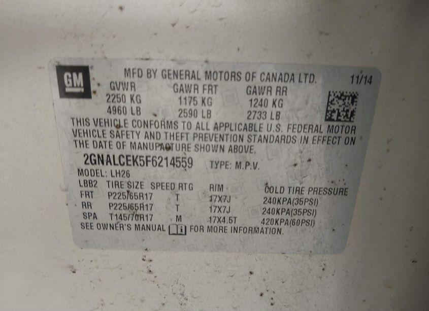 Photo 9 of 2015 Chevrolet Equinox 2LT (VIN 2GNALCEK5F6214559)