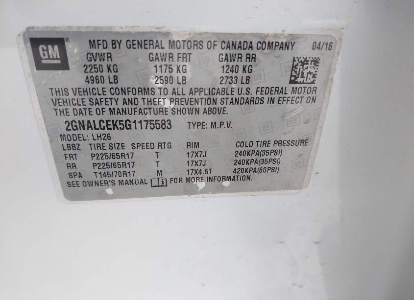 Photo 9 of 2016 Chevrolet Equinox LT (VIN 2GNALCEK5G1175583)