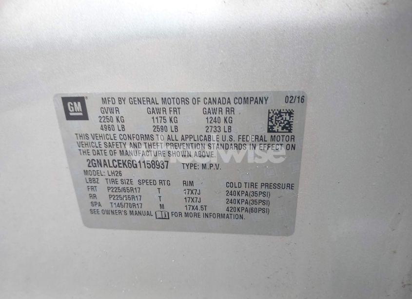 Photo 9 of 2016 Chevrolet Equinox LT (VIN 2GNALCEK6G1158937)