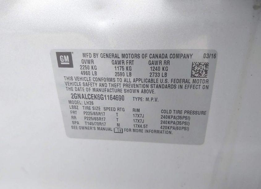 Photo 9 of 2016 Chevrolet Equinox LT (VIN 2GNALCEK6G1164690)