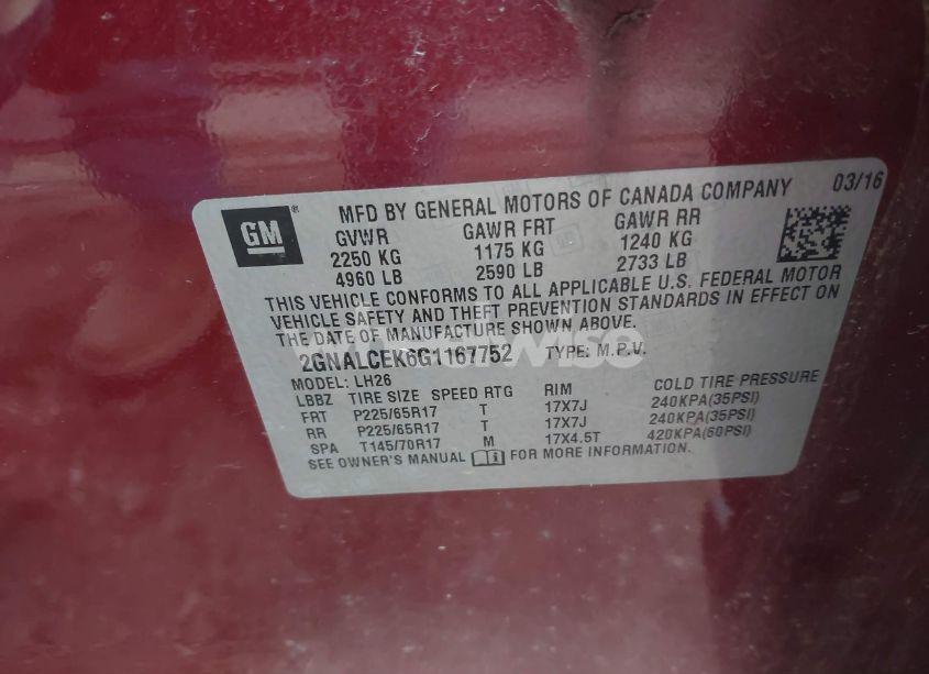 Photo 8 of 2016 Chevrolet Equinox LT (VIN 2GNALCEK6G1167752)