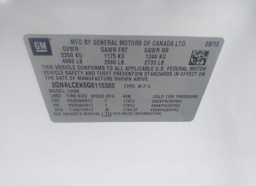 Photo 9 of 2016 Chevrolet Equinox LT (VIN 2GNALCEK6G6115380)