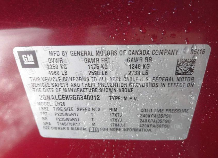 Photo 9 of 2016 Chevrolet Equinox LT (VIN 2GNALCEK6G6340012)