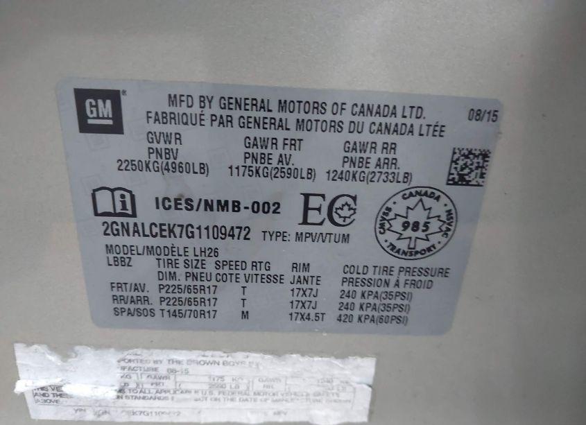 Photo 9 of 2016 Chevrolet Equinox LT (VIN 2GNALCEK7G1109472)