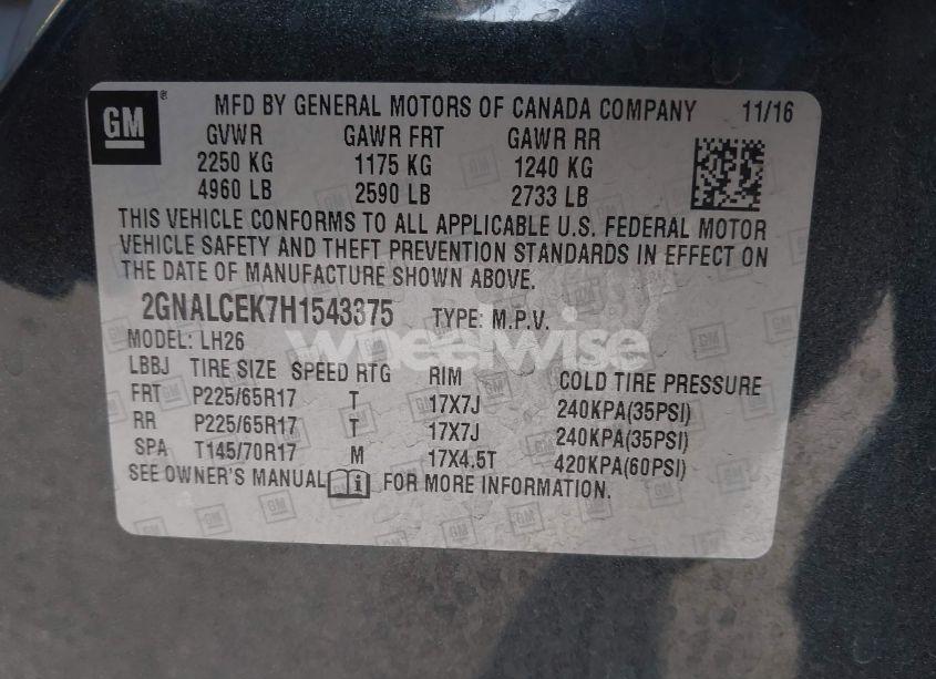 Photo 9 of 2017 Chevrolet Equinox LT (VIN 2GNALCEK7H1543375)