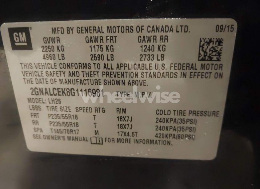 Photo 9 of 2016 Chevrolet Equinox LT (VIN 2GNALCEK8G1116981)