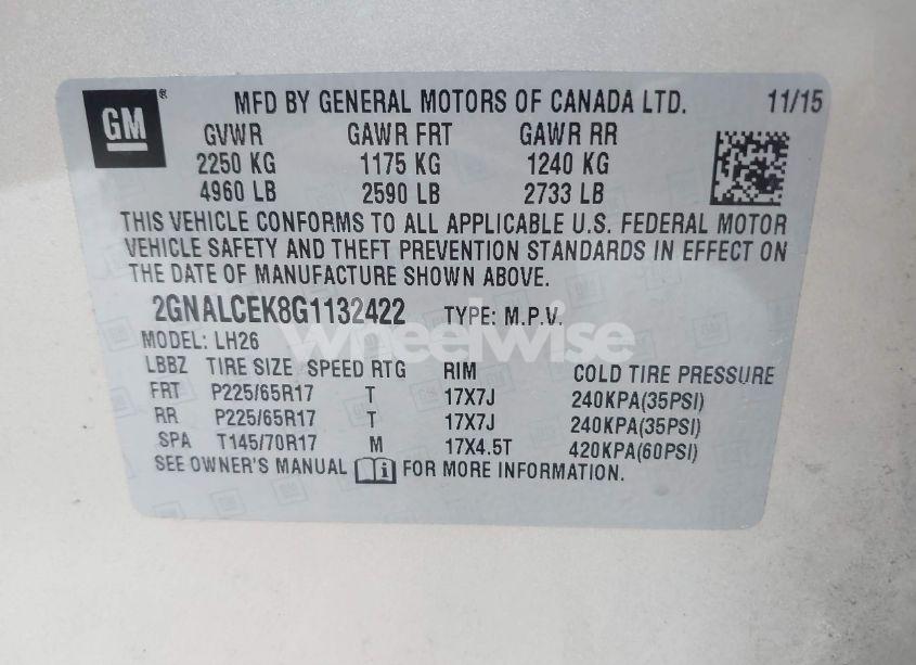 Photo 9 of 2016 Chevrolet Equinox LT (VIN 2GNALCEK8G1132422)