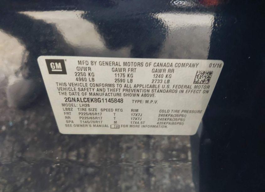 Photo 9 of 2016 Chevrolet Equinox LT (VIN 2GNALCEK8G1145848)