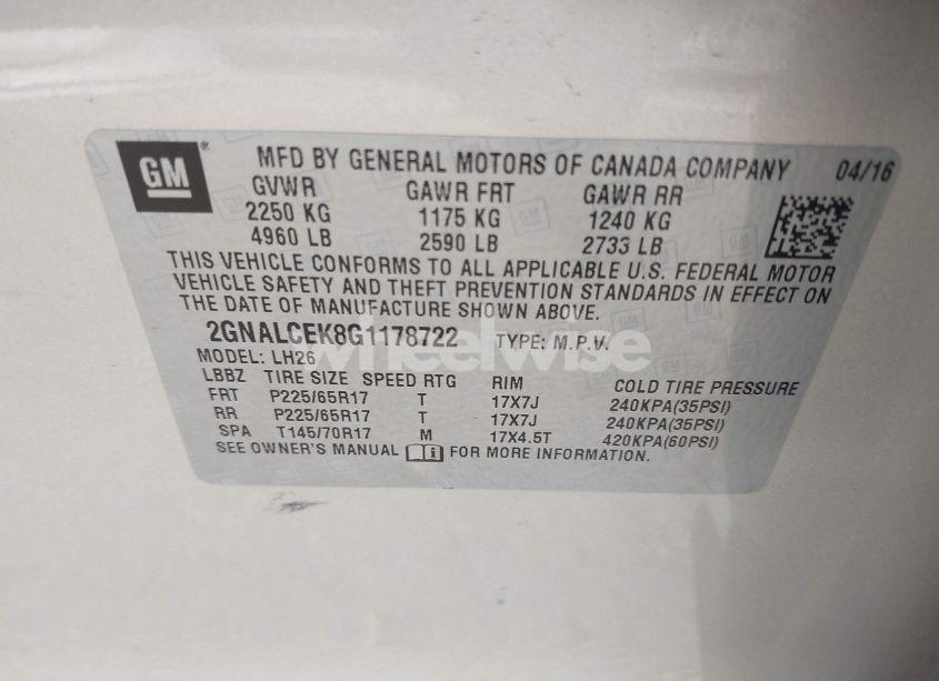 Photo 9 of 2016 Chevrolet Equinox LT (VIN 2GNALCEK8G1178722)