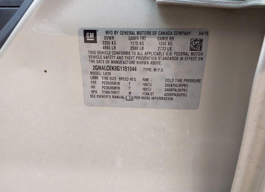 Photo 9 of 2016 Chevrolet Equinox LT (VIN 2GNALCEK8G1181944)