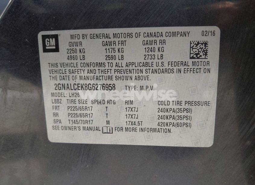 Photo 9 of 2016 Chevrolet Equinox LT (VIN 2GNALCEK8G6276958)