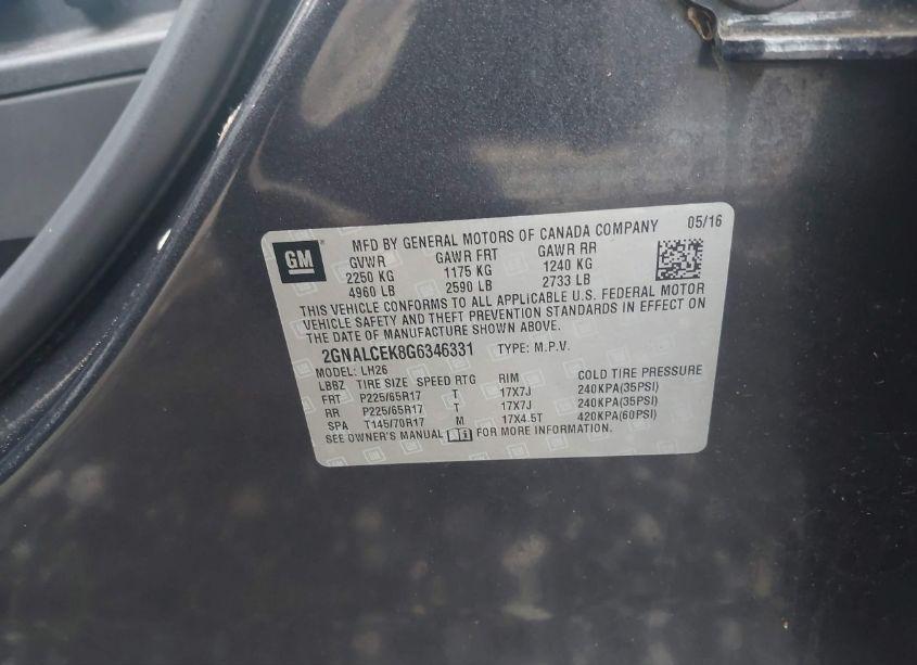 Photo 9 of 2016 Chevrolet Equinox LT (VIN 2GNALCEK8G6346331)