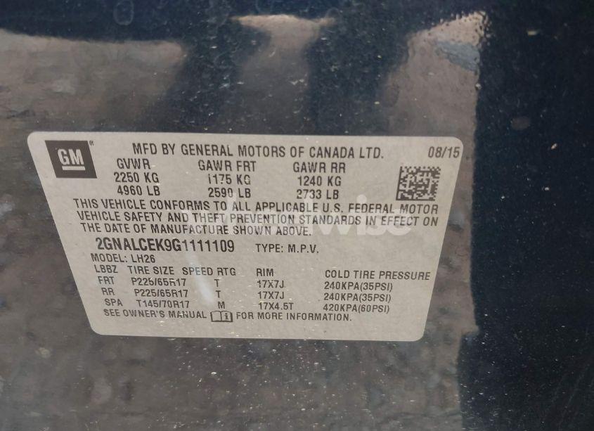 Photo 9 of 2016 Chevrolet Equinox LT (VIN 2GNALCEK9G1111109)