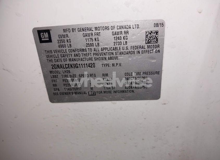 Photo 9 of 2016 Chevrolet Equinox LT (VIN 2GNALCEK9G1111420)