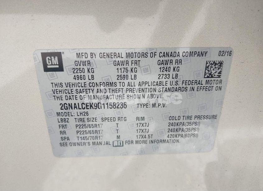 Photo 9 of 2016 Chevrolet Equinox LT (VIN 2GNALCEK9G1158236)