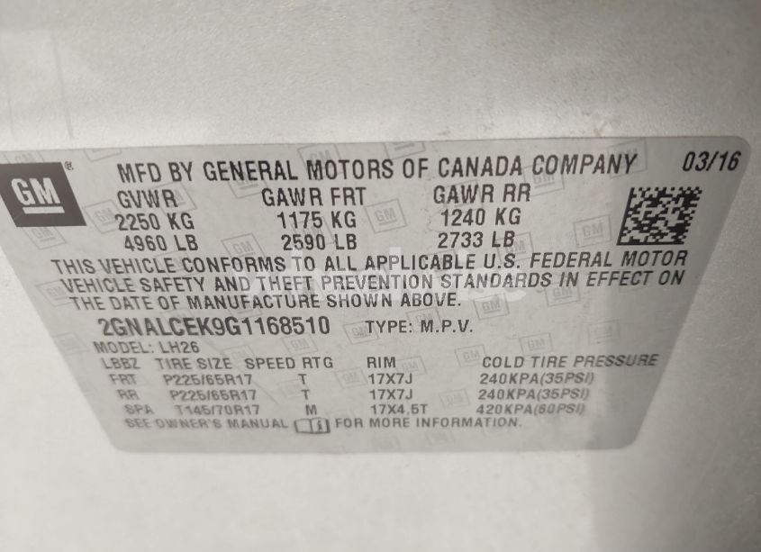 Photo 9 of 2016 Chevrolet Equinox LT (VIN 2GNALCEK9G1168510)