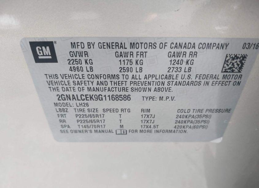 Photo 9 of 2016 Chevrolet Equinox LT (VIN 2GNALCEK9G1168586)