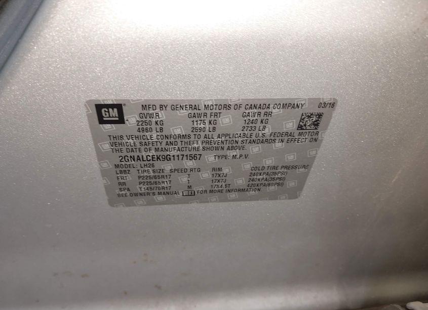 Photo 9 of 2016 Chevrolet Equinox LT (VIN 2GNALCEK9G1171567)