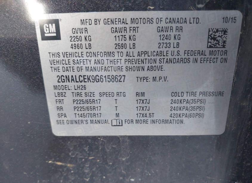 Photo 9 of 2016 Chevrolet Equinox LT (VIN 2GNALCEK9G6158627)