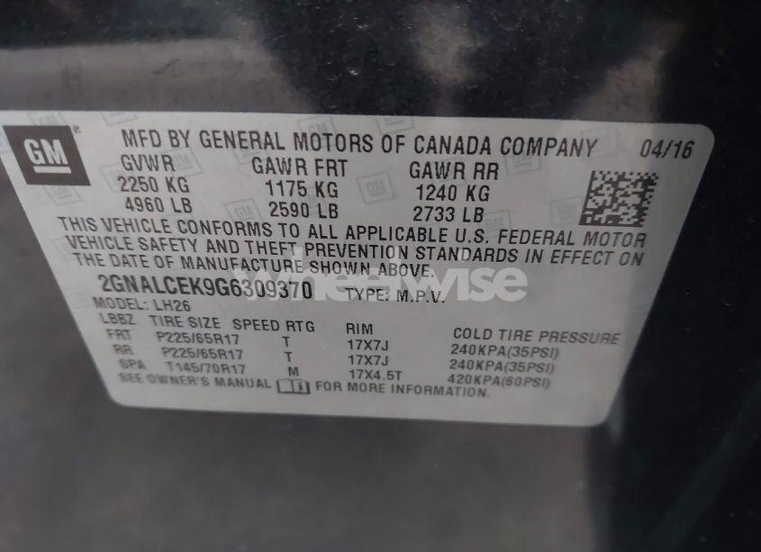 Photo 9 of 2016 Chevrolet Equinox LT (VIN 2GNALCEK9G6309370)