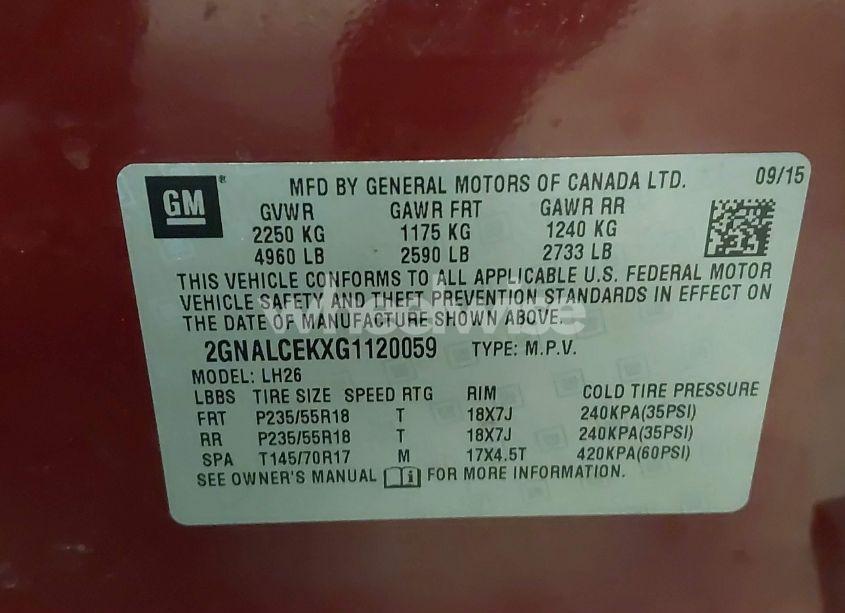 Photo 9 of 2016 Chevrolet Equinox LT (VIN 2GNALCEKXG1120059)