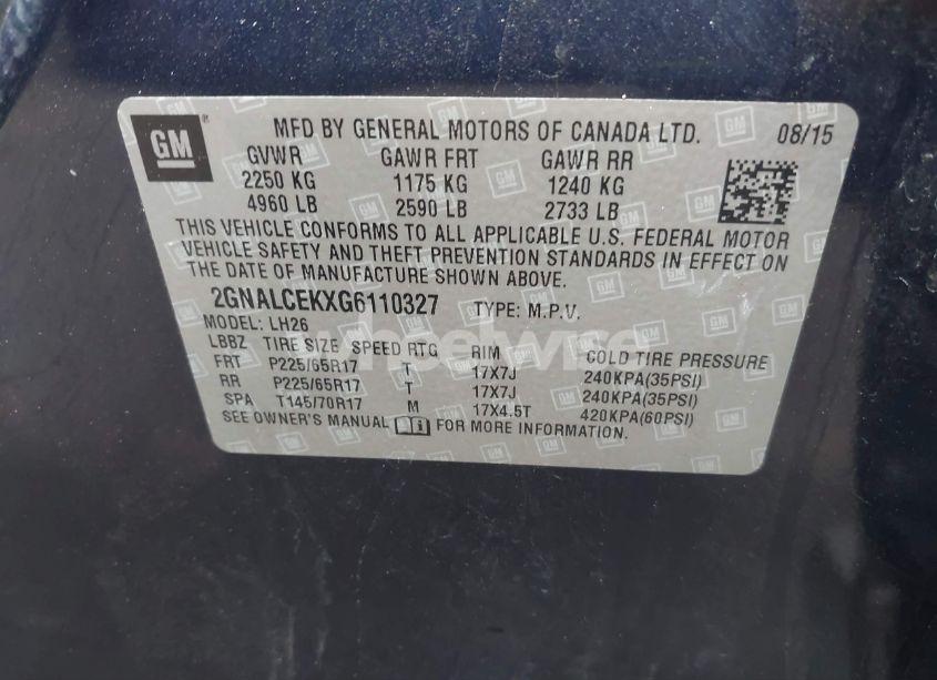 Photo 9 of 2016 Chevrolet Equinox LT (VIN 2GNALCEKXG6110327)