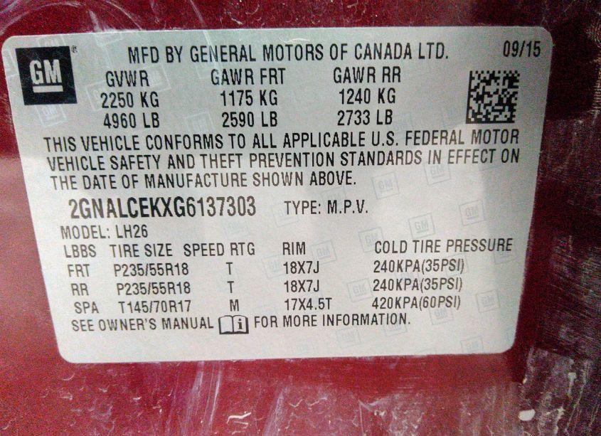 Photo 9 of 2016 Chevrolet Equinox LT (VIN 2GNALCEKXG6137303)
