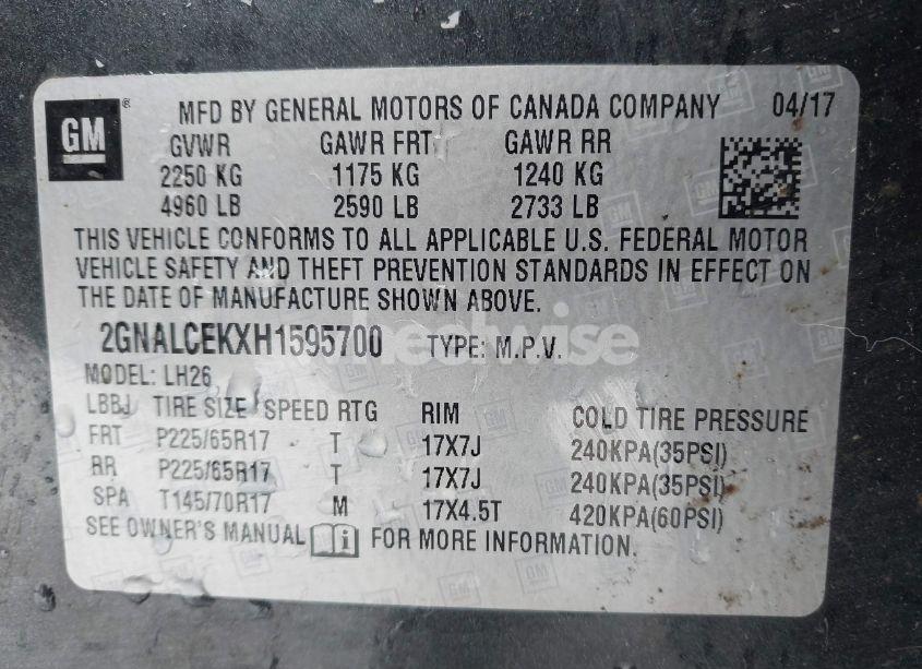 Photo 9 of 2017 Chevrolet Equinox LT (VIN 2GNALCEKXH1595700)