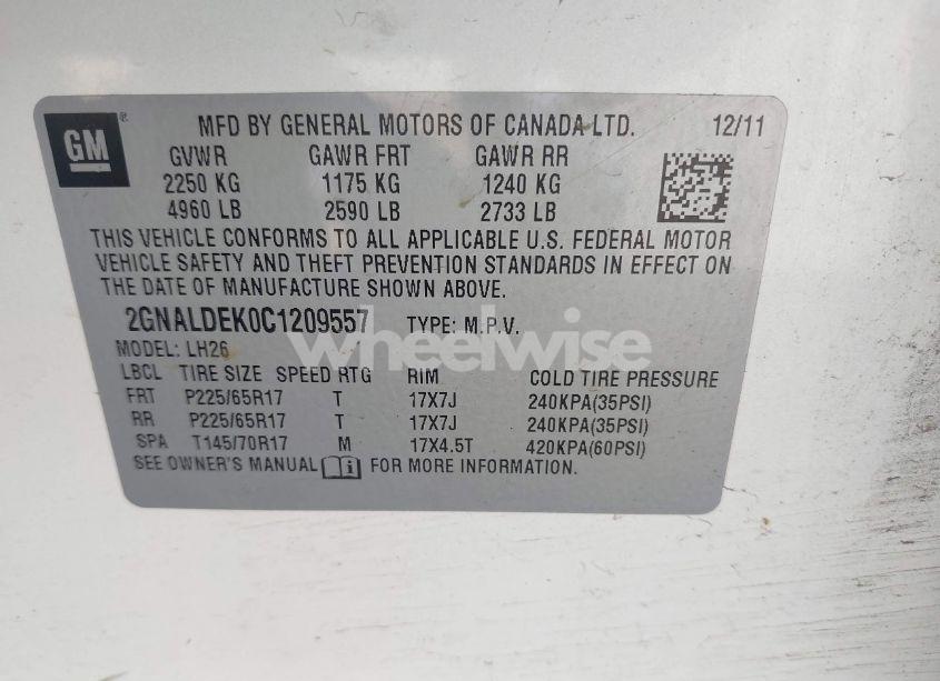 Photo 9 of 2012 Chevrolet Equinox 1LT (VIN 2GNALDEK0C1209557)