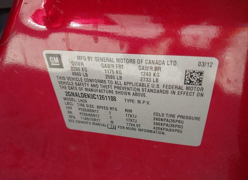 Photo 9 of 2012 Chevrolet Equinox 1LT (VIN 2GNALDEK0C1261108)