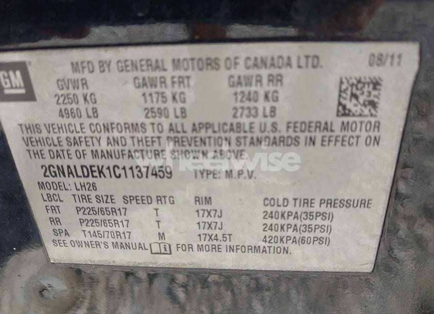 Photo 9 of 2012 Chevrolet Equinox 1LT (VIN 2GNALDEK1C1137459)