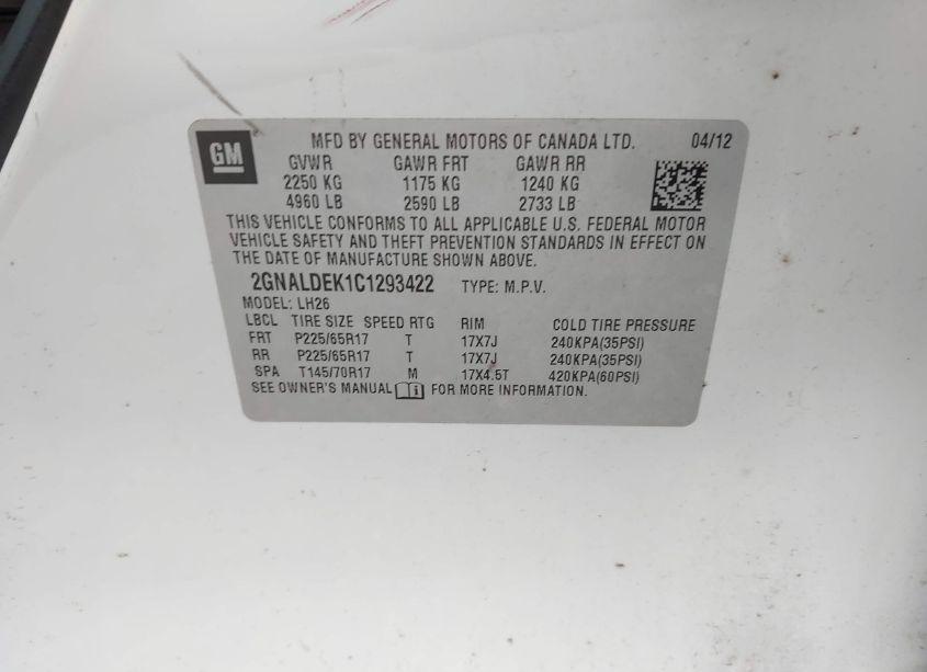 Photo 9 of 2012 Chevrolet Equinox 1LT (VIN 2GNALDEK1C1293422)