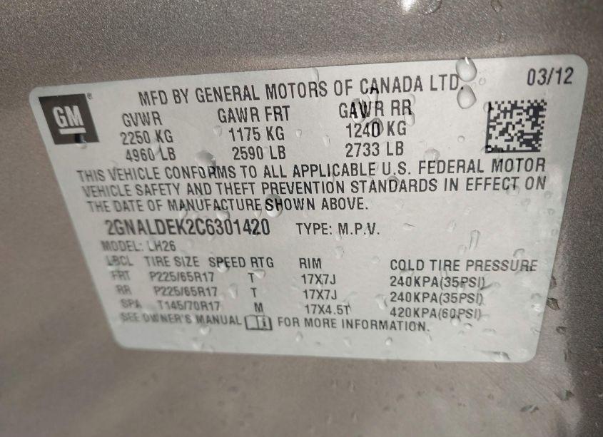 Photo 9 of 2012 Chevrolet Equinox 1LT (VIN 2GNALDEK2C6301420)