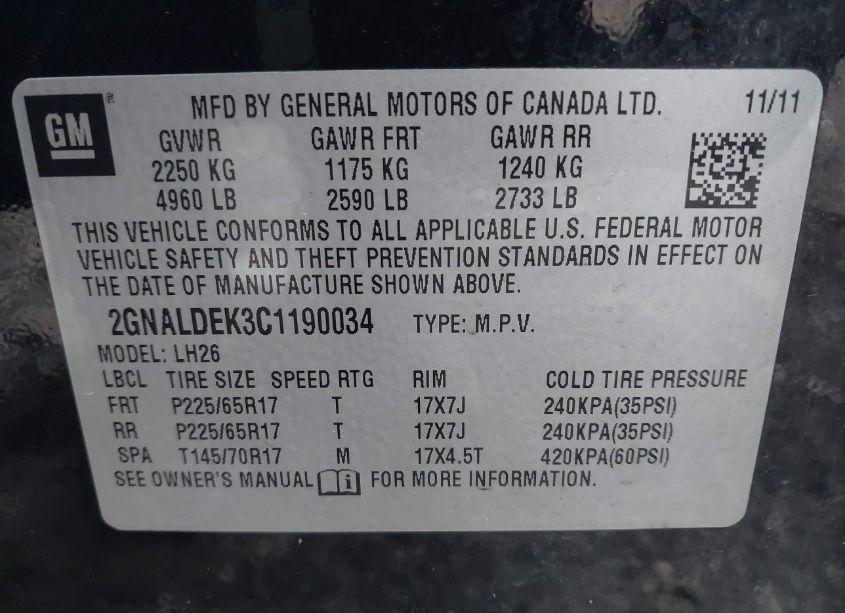 Photo 9 of 2012 Chevrolet Equinox 1LT (VIN 2GNALDEK3C1190034)