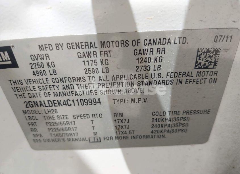 Photo 9 of 2012 Chevrolet Equinox 1LT (VIN 2GNALDEK4C1109994)