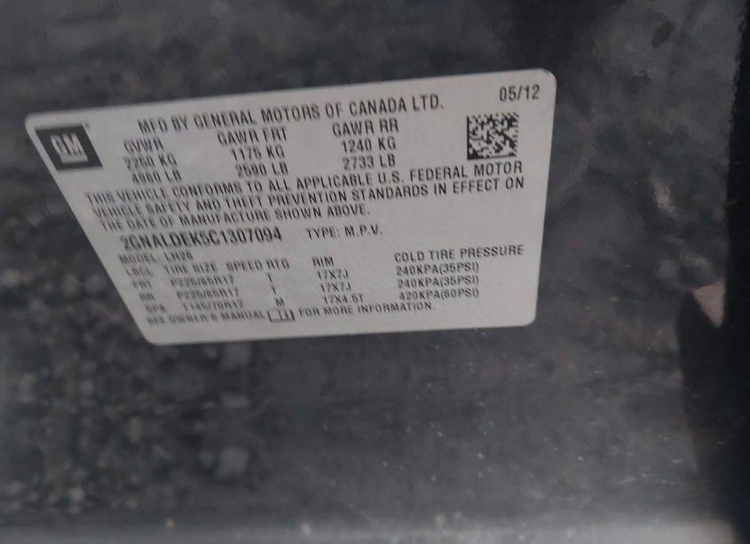 Photo 9 of 2012 Chevrolet Equinox 1LT (VIN 2GNALDEK5C1307094)