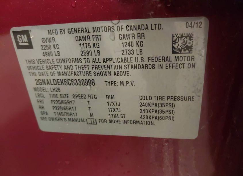 Photo 9 of 2012 Chevrolet Equinox 1LT (VIN 2GNALDEK6C6330998)