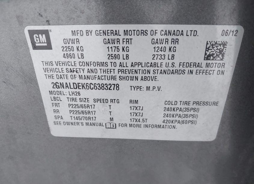 Photo 9 of 2012 Chevrolet Equinox 1LT (VIN 2GNALDEK6C6383278)