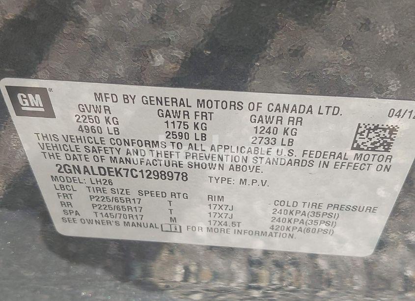 Photo 9 of 2012 Chevrolet Equinox 1LT (VIN 2GNALDEK7C1298978)