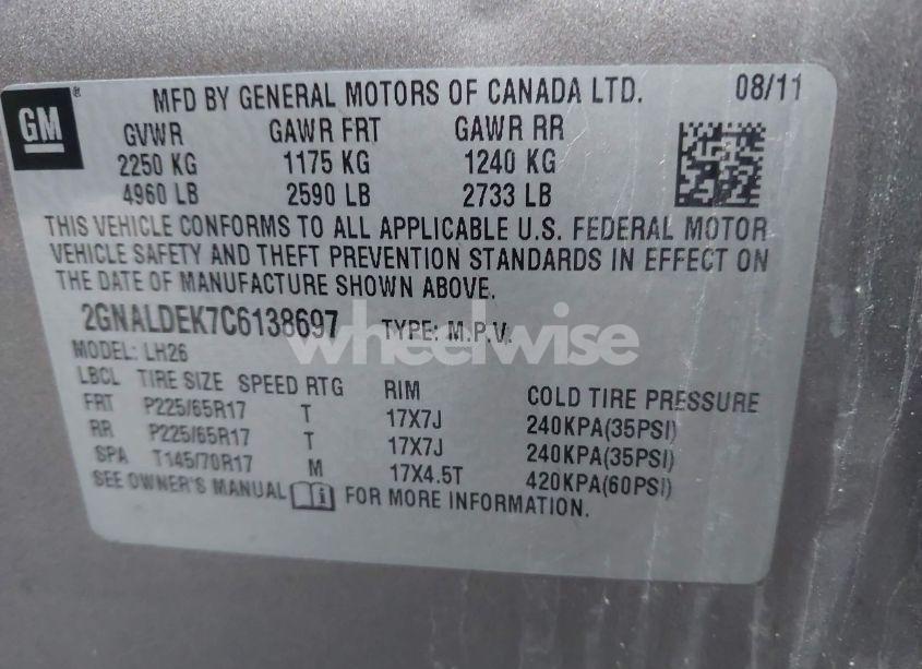 Photo 9 of 2012 Chevrolet Equinox 1LT (VIN 2GNALDEK7C6138697)