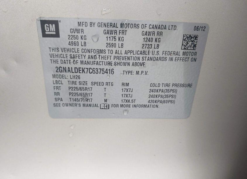 Photo 9 of 2012 Chevrolet Equinox 1LT (VIN 2GNALDEK7C6375416)