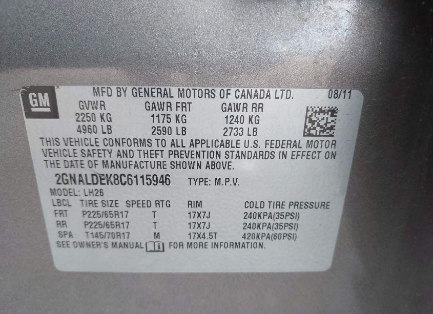 Photo 9 of 2012 Chevrolet Equinox 1LT (VIN 2GNALDEK8C6115946)