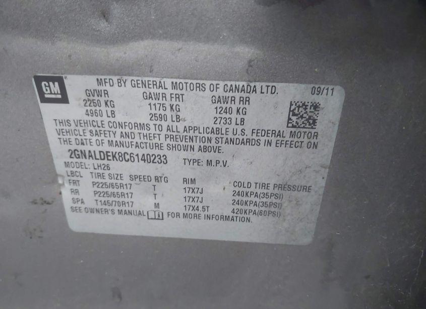 Photo 9 of 2012 Chevrolet Equinox 1LT (VIN 2GNALDEK8C6140233)