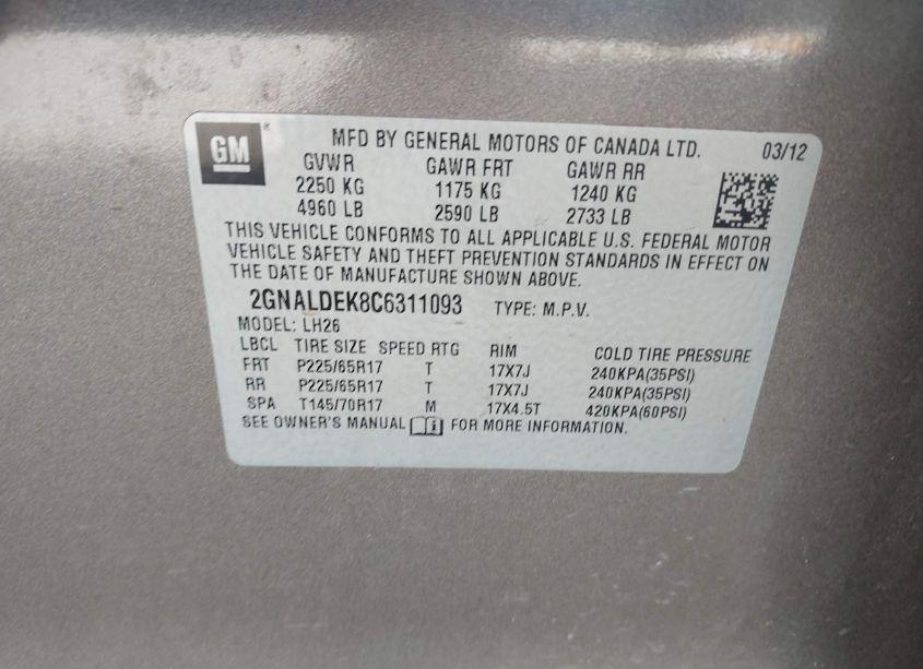 Photo 9 of 2012 Chevrolet Equinox 1LT (VIN 2GNALDEK8C6311093)