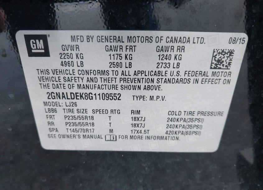 Photo 9 of 2016 Chevrolet Equinox LTZ (VIN 2GNALDEK8G1109552)